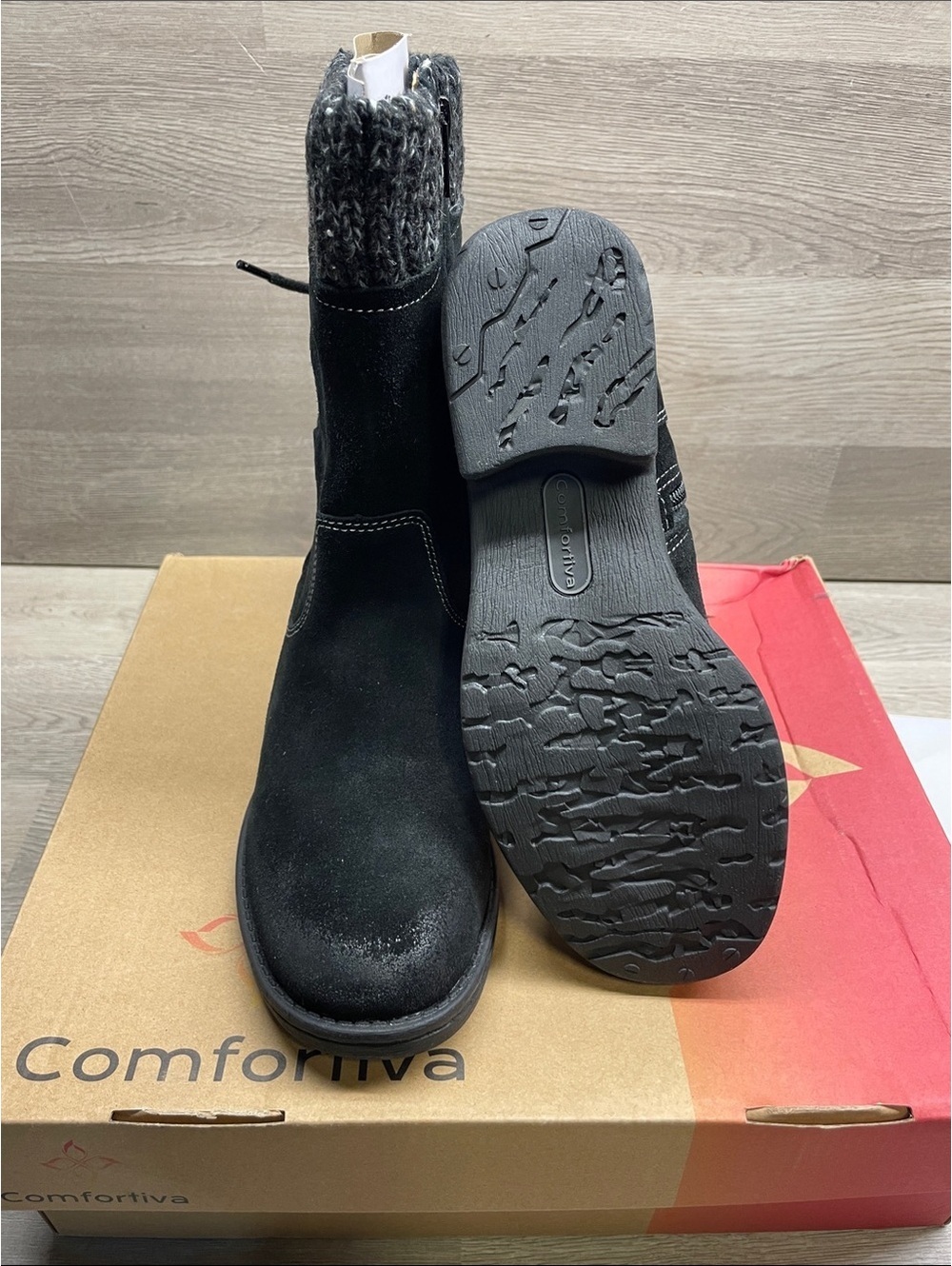 Comfortiva Black Suede Knit-Cuff Ankle Boots #83
